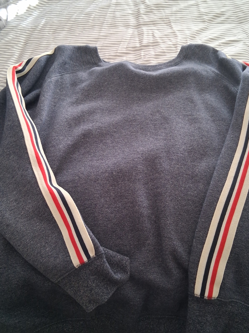 dip Navy Crewneck Sweater with Red, White & Blue Stripe Sleeves